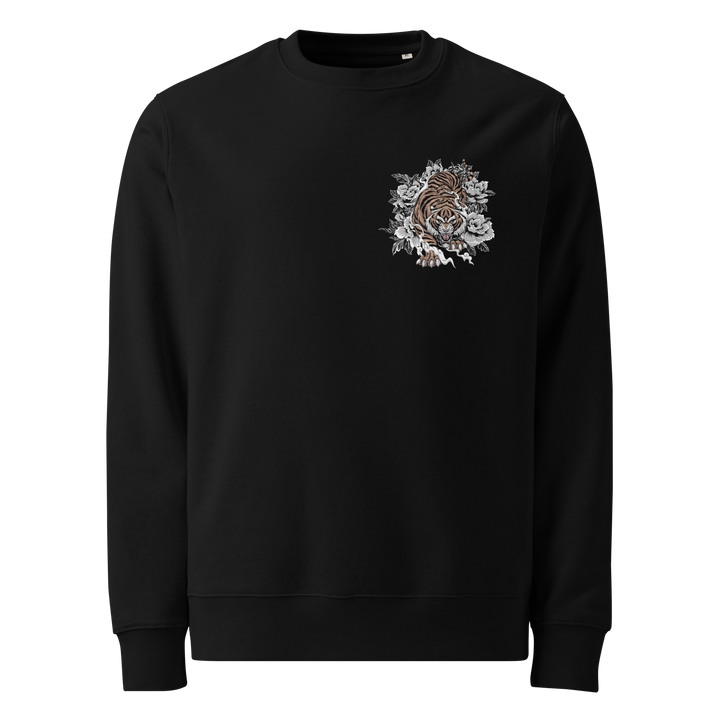 Prowling tiger black Sweatshirt featuring a left chest print of a tiger surrounded by intricate floral designs, inspired by traditional Irezumi art.