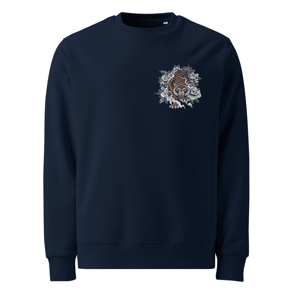 Prowling Tiger navy Sweatshirt featuring a left chest print of a tiger surrounded by intricate floral designs, inspired by traditional Irezumi art.