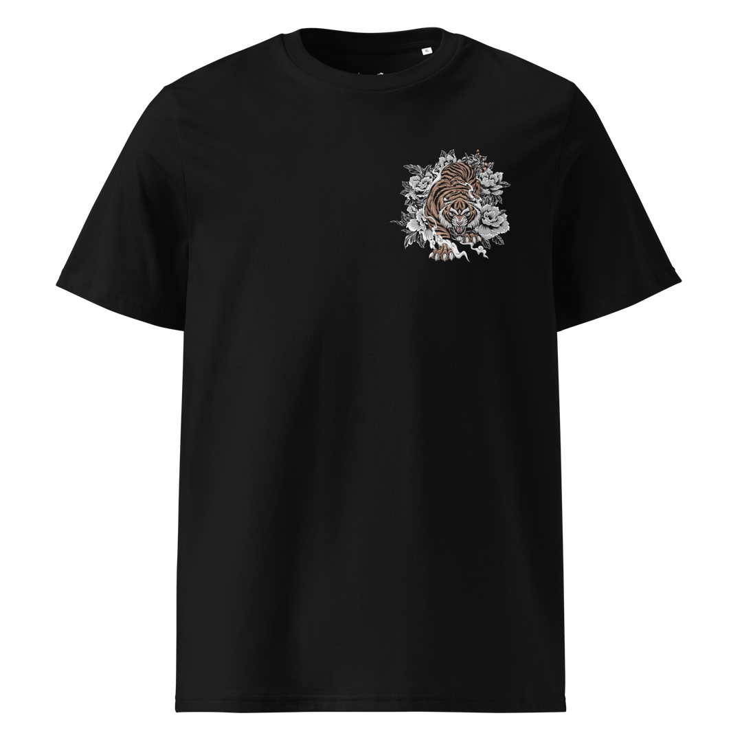 Black t-shirt featuring a detailed tiger design on the left chest, inspired by Japanese Irezumi tattoo art.