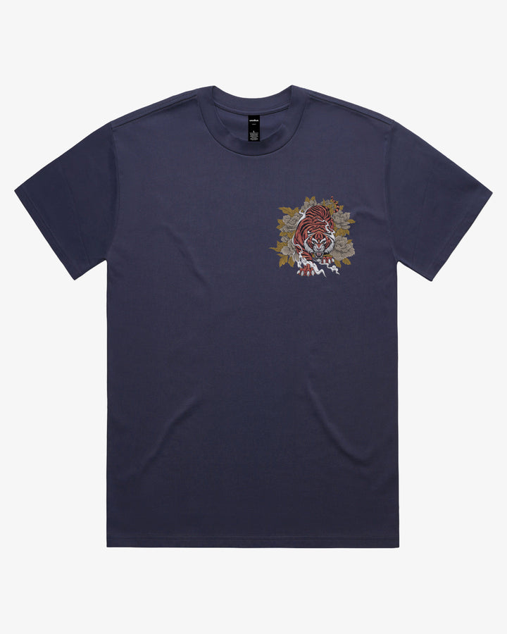 Midnight Blue Oversized Japanese Graphic Tee With Left Chest Tiger And Floral Artwork