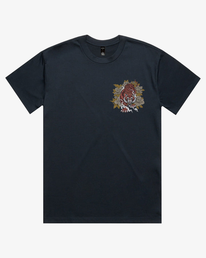 Navy Oversized Japanese Graphic Tee With Left Chest Tiger And Floral Artwork