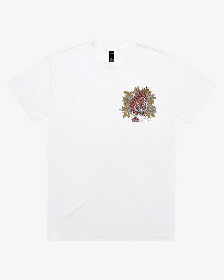 White Oversized Japanese Graphic Tee With Left Chest Tiger And Floral Artwork