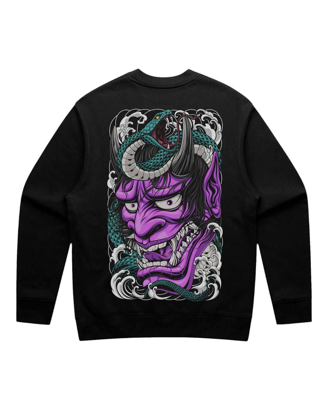 Black crewneck sweatshirt with large purple hannya demon and snake back print