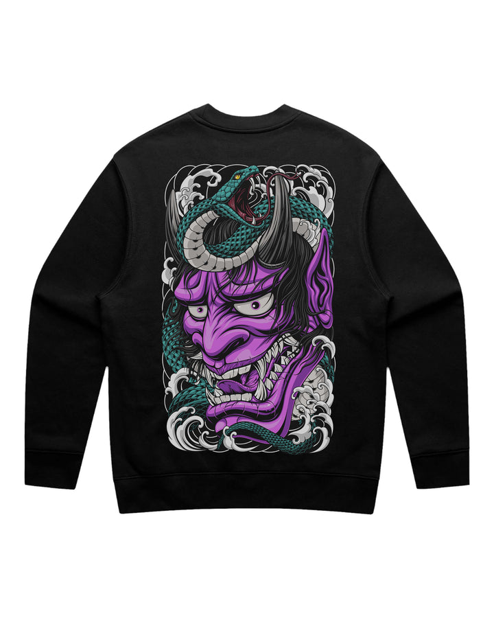 Black crewneck sweatshirt with large purple hannya demon and snake back print