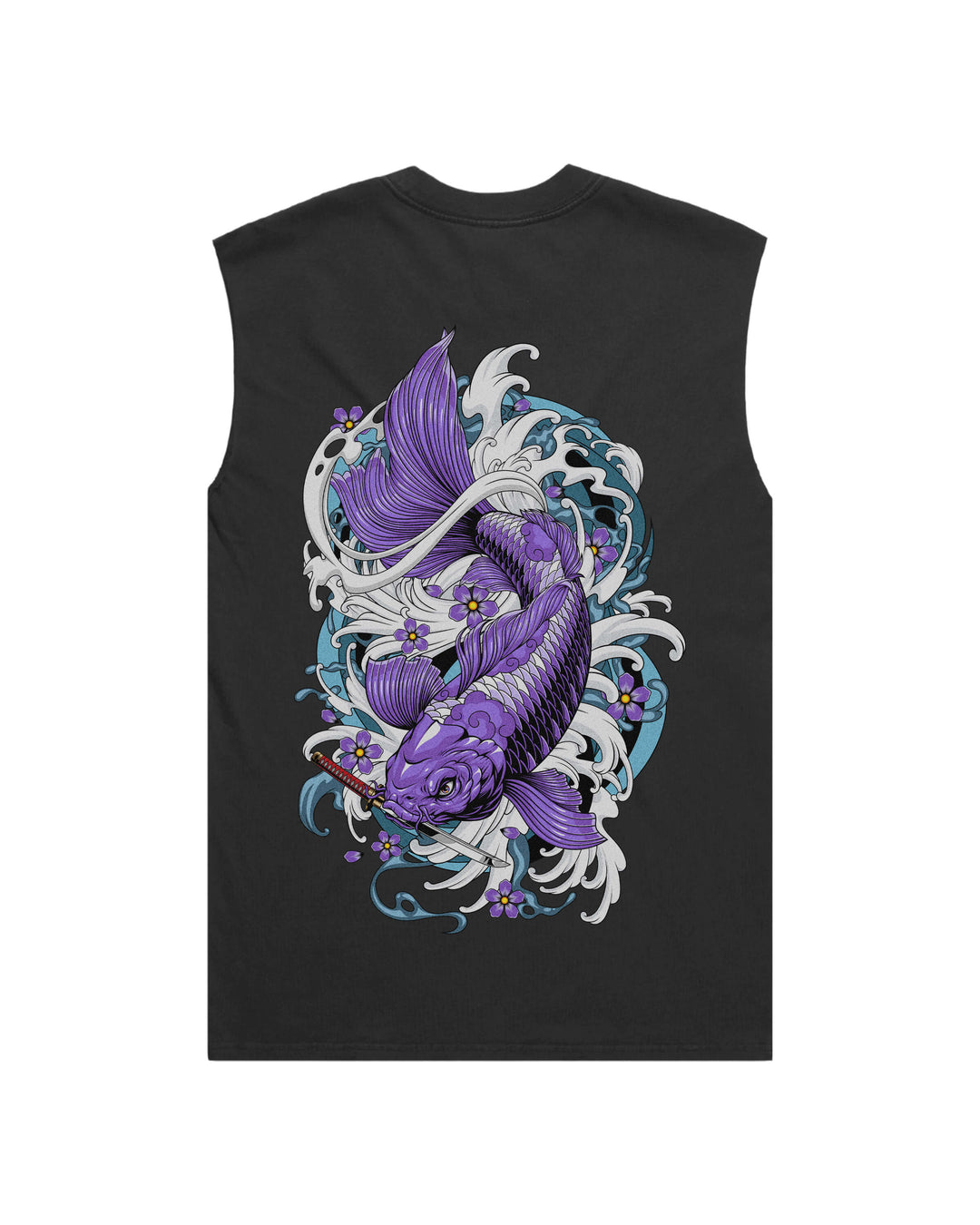 Faded black tank top with original in-house created purple koi fish print