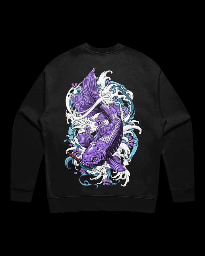 Tattoo-Inspired Sweatshirt with a graphic of a purple koi fish surrounded by white and blue waves and blossoms on the back.