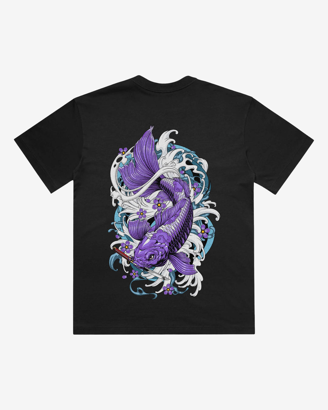 Purple Koi Japanese tattoo-inspired graphic back print on a black 240 GSM heavyweight boxy T-shirt