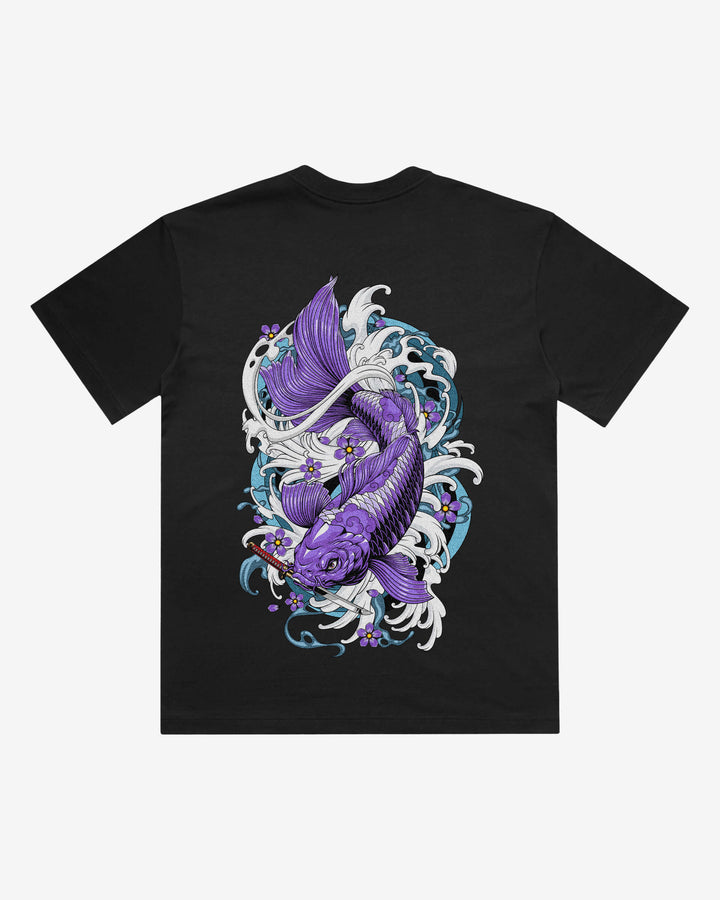 Purple Koi Japanese tattoo-inspired graphic back print on a black 240 GSM heavyweight boxy T-shirt