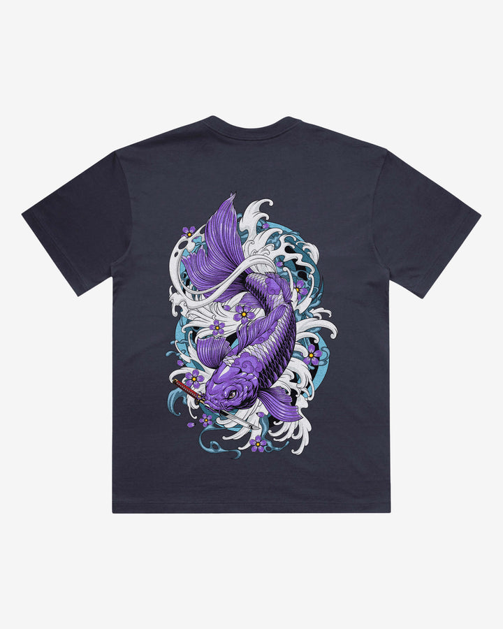 Purple Koi Japanese tattoo-inspired graphic back print on a ink blue 240 GSM heavyweight boxy T-shirt