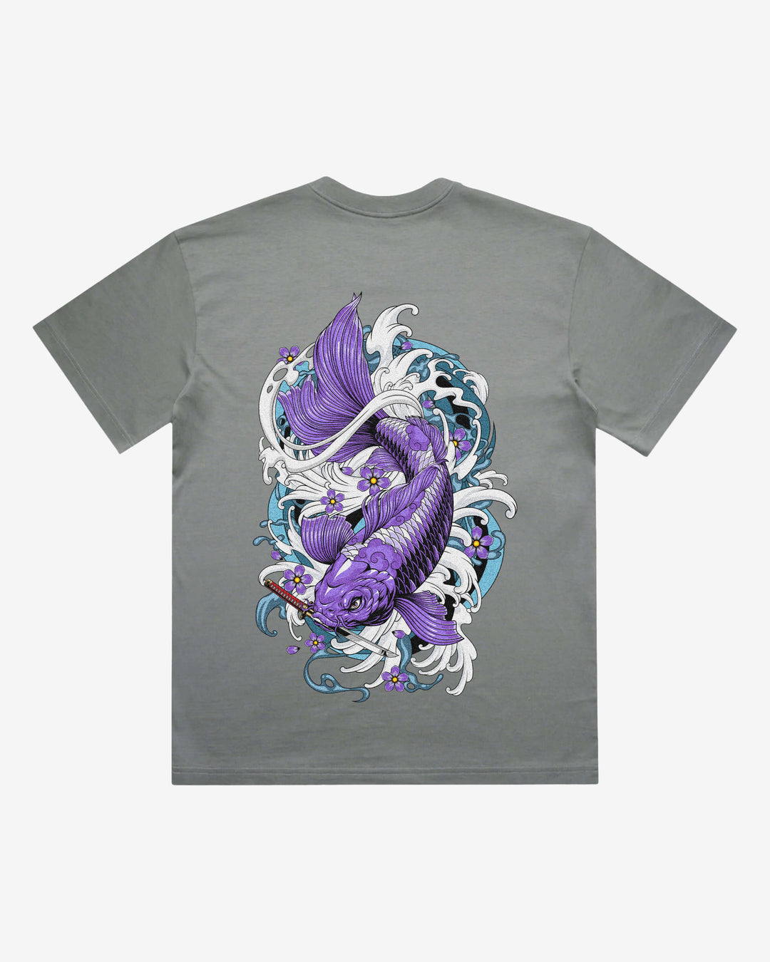 Purple Koi Japanese tattoo-inspired graphic back print on a shadow 240 GSM heavyweight boxy T-shirt