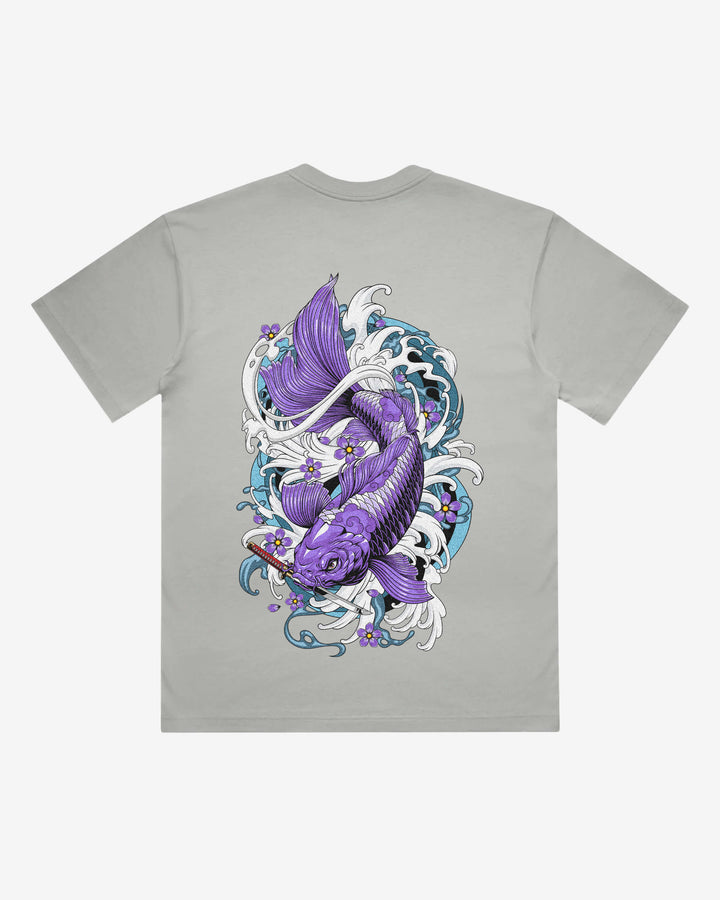 Purple Koi Japanese tattoo-inspired graphic back print on a storm 240 GSM heavyweight boxy T-shirt