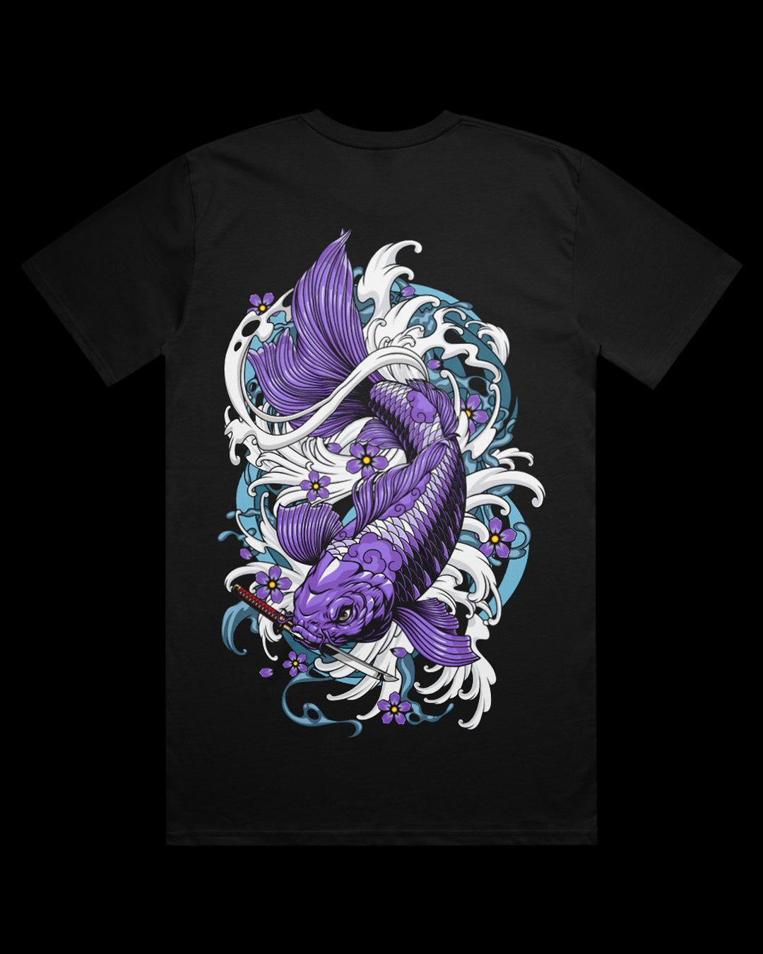 Black t-shirt with a purple and white koi fish design.