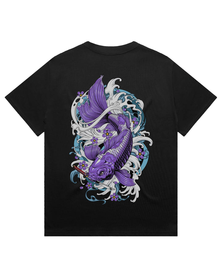 A black short-sleeve t-shirt with a large graphic print of a purple koi fish and white waves on the back, set against a plain white background.
