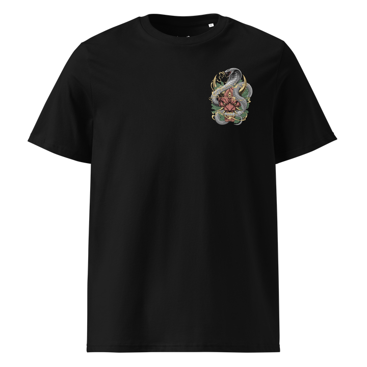 Black Rage and Venom Graphic Tee featuring a left chest print of an Oni mask and snake, inspired by Japanese tattoo art