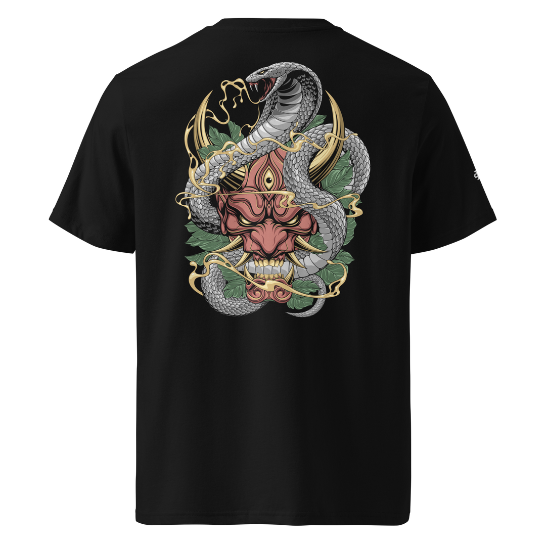 Black Rage and Venom Oni Snake Graphic Tee featuring a back print of a split Oni mask and snake, inspired by Japanese tattoo art