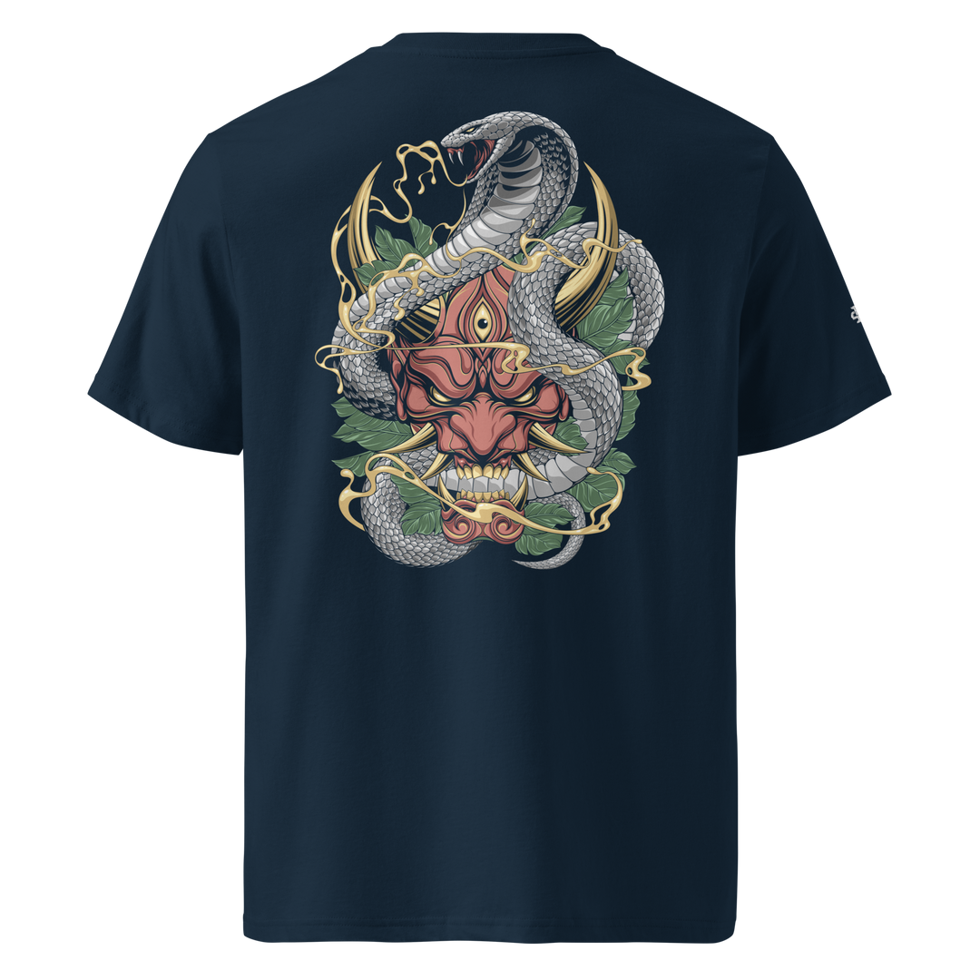 French Navy Rage and Venom Oni Snake Graphic Tee featuring a back print of a venomous snake coiling around a split Oni mask, inspired by Japanese streetwear