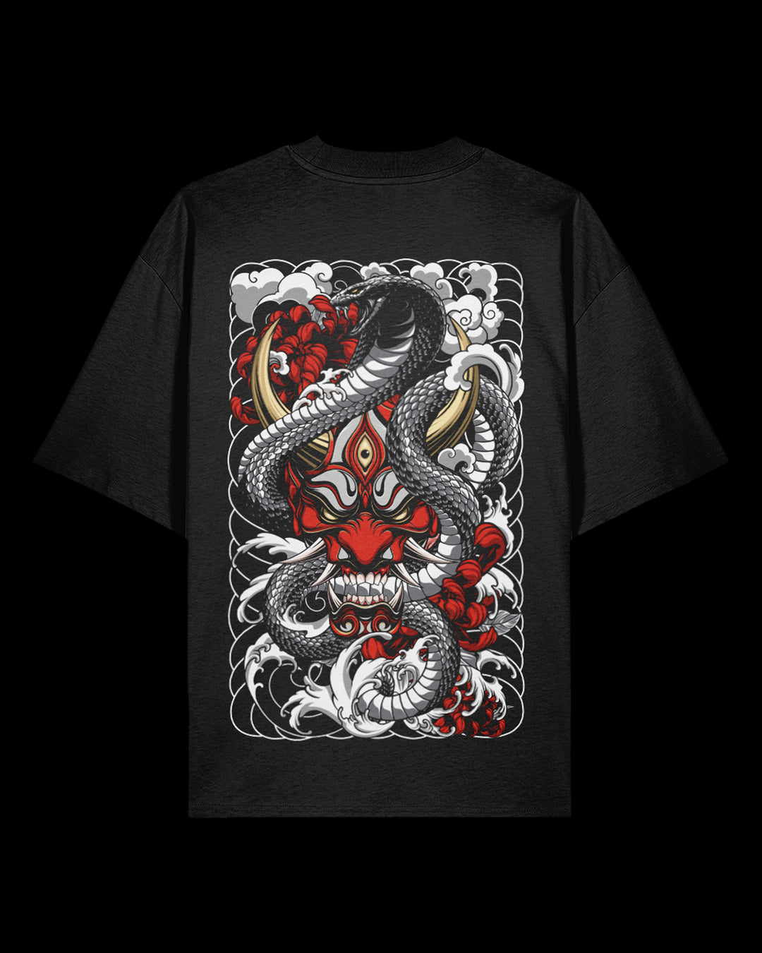 Black oversized t-shirt with a snake and oni design on a black background