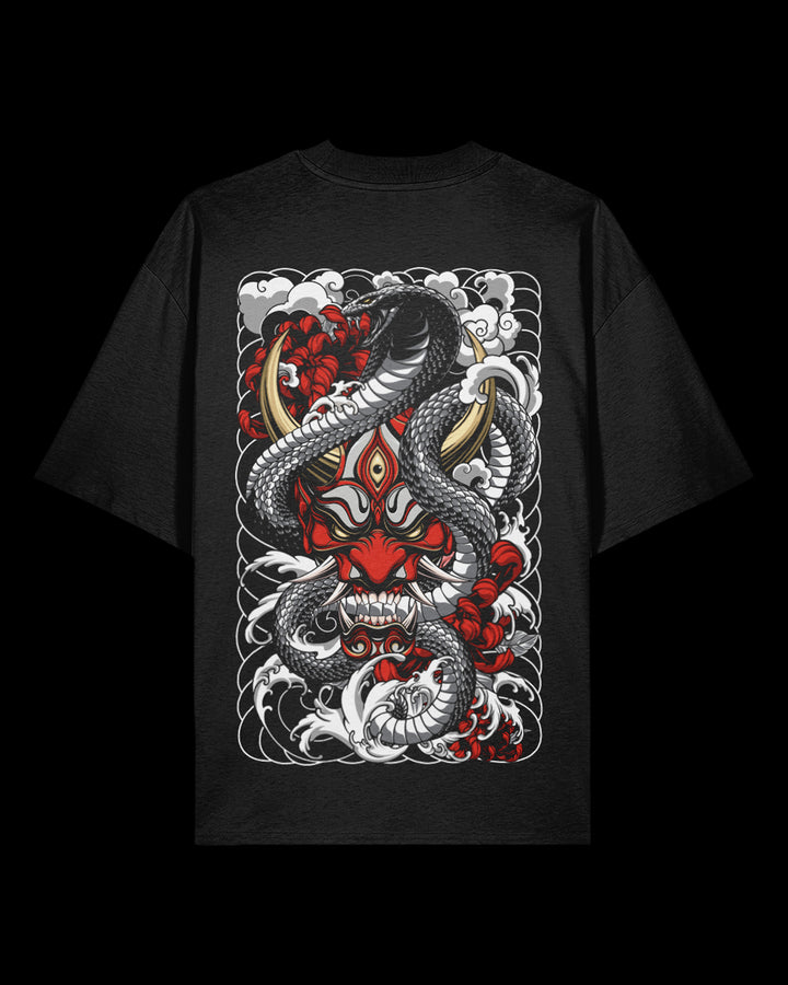 Black oversized t-shirt with a snake and oni design on a black background