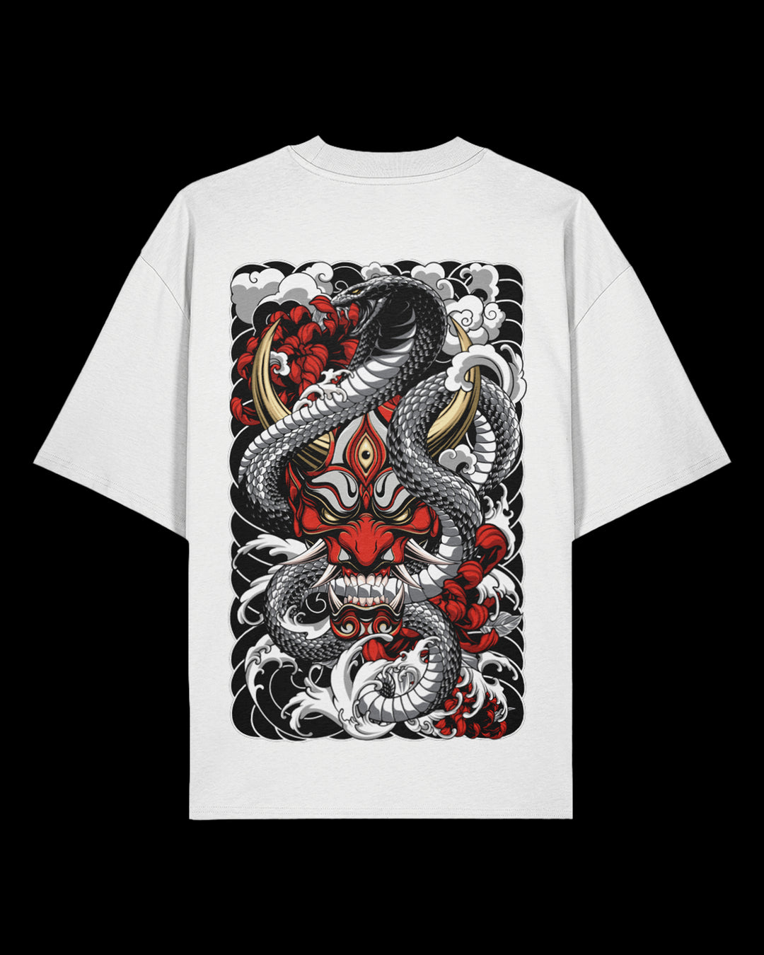 White oversized t-shirt with a snake and oni design on a black 
