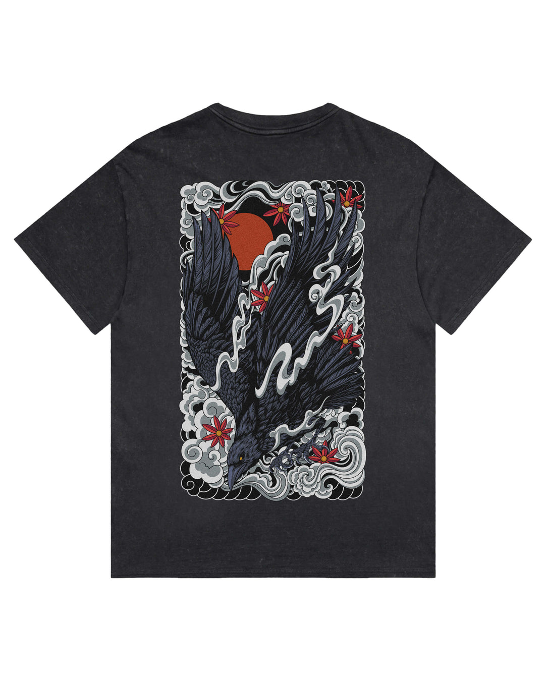 A black stonewash t-shirt shown from the back, featuring a large rectangular irezumi graphic print with a black raven, red maple leaves, a red sun, and white waves.