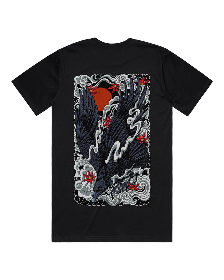 Black graphic t-shirt with large irezumi inspired diving raven back print