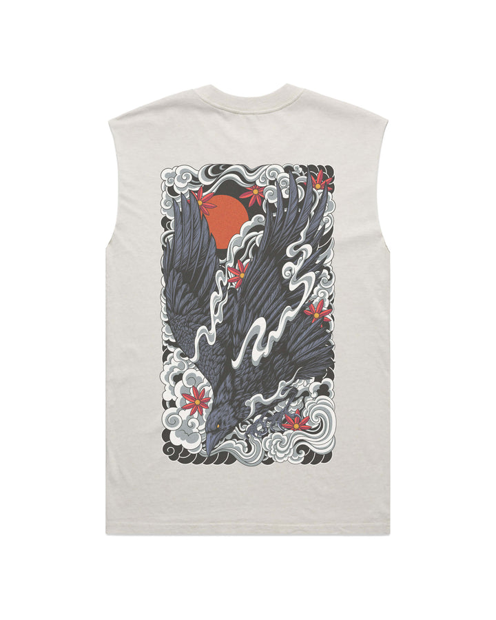Raven men’s faded bone graphic tank top features original in-house artwork inspired by irezumi influence. The design combines raven, sun and clouds, drawing from Japanese tattoo art, folklore and traditional illustration.