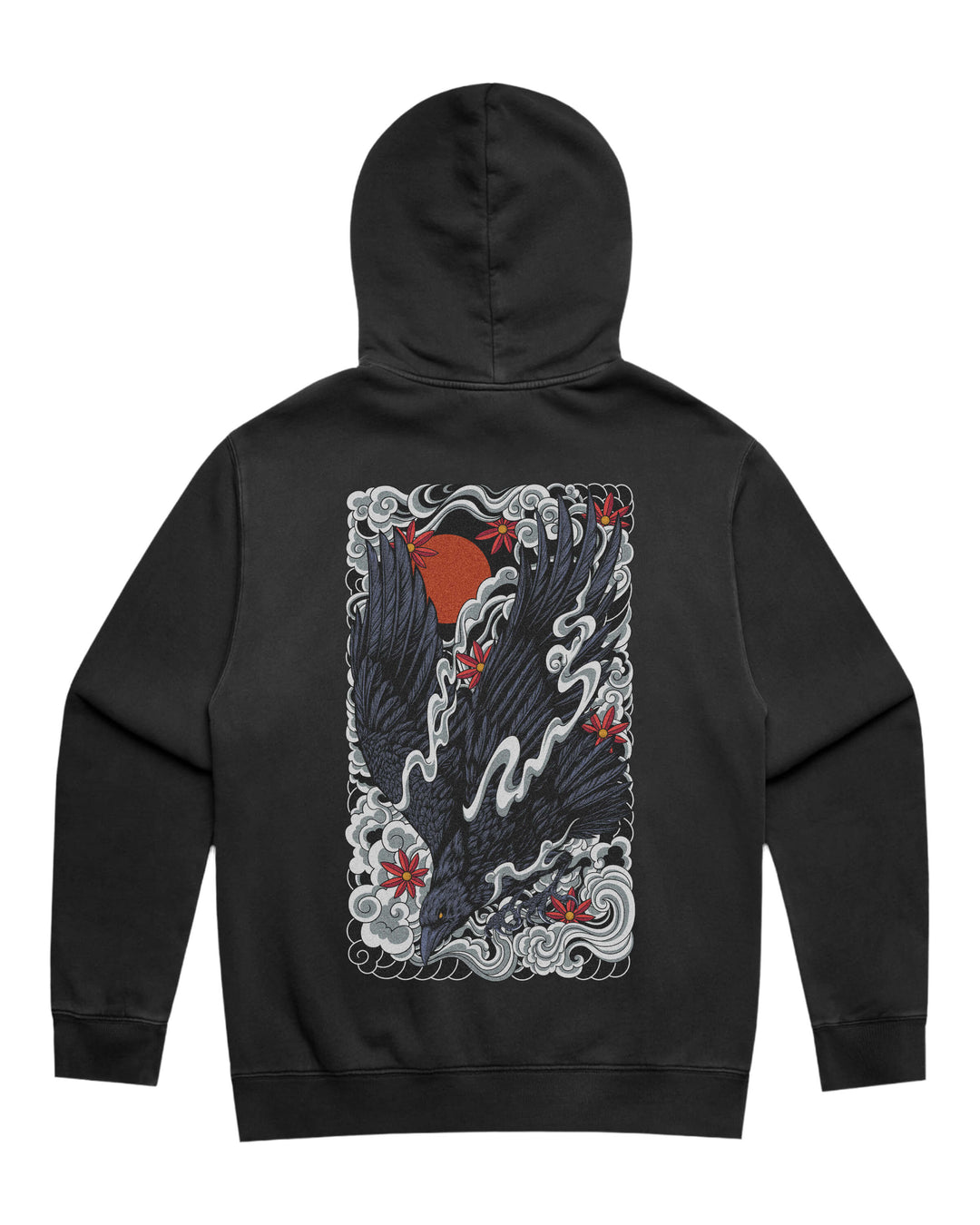 Faded black hoodie with in-house created irezumi raven diving against red sun back print