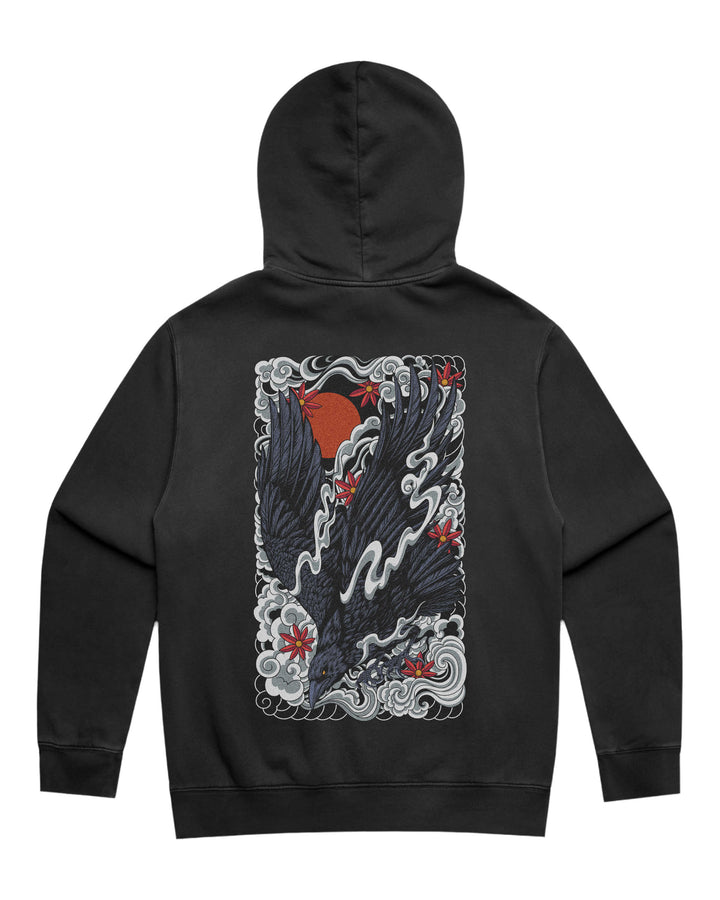 Faded black hoodie with in-house created irezumi raven diving against red sun back print