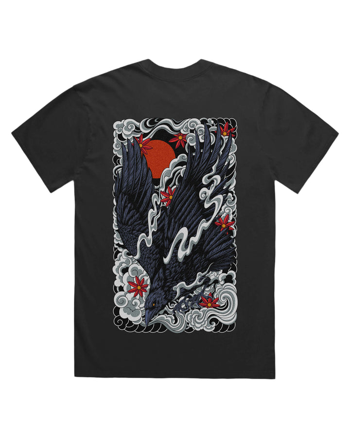 Faded black t-shirt with large irezumi inspired diving raven and red sun