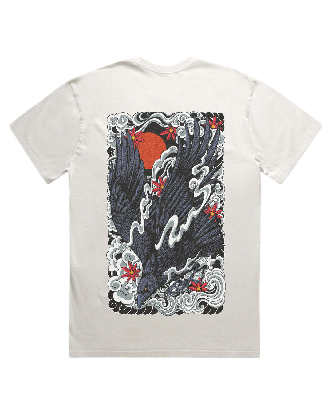 Faded bone t-shirt with large irezumi inspired diving raven and red sun