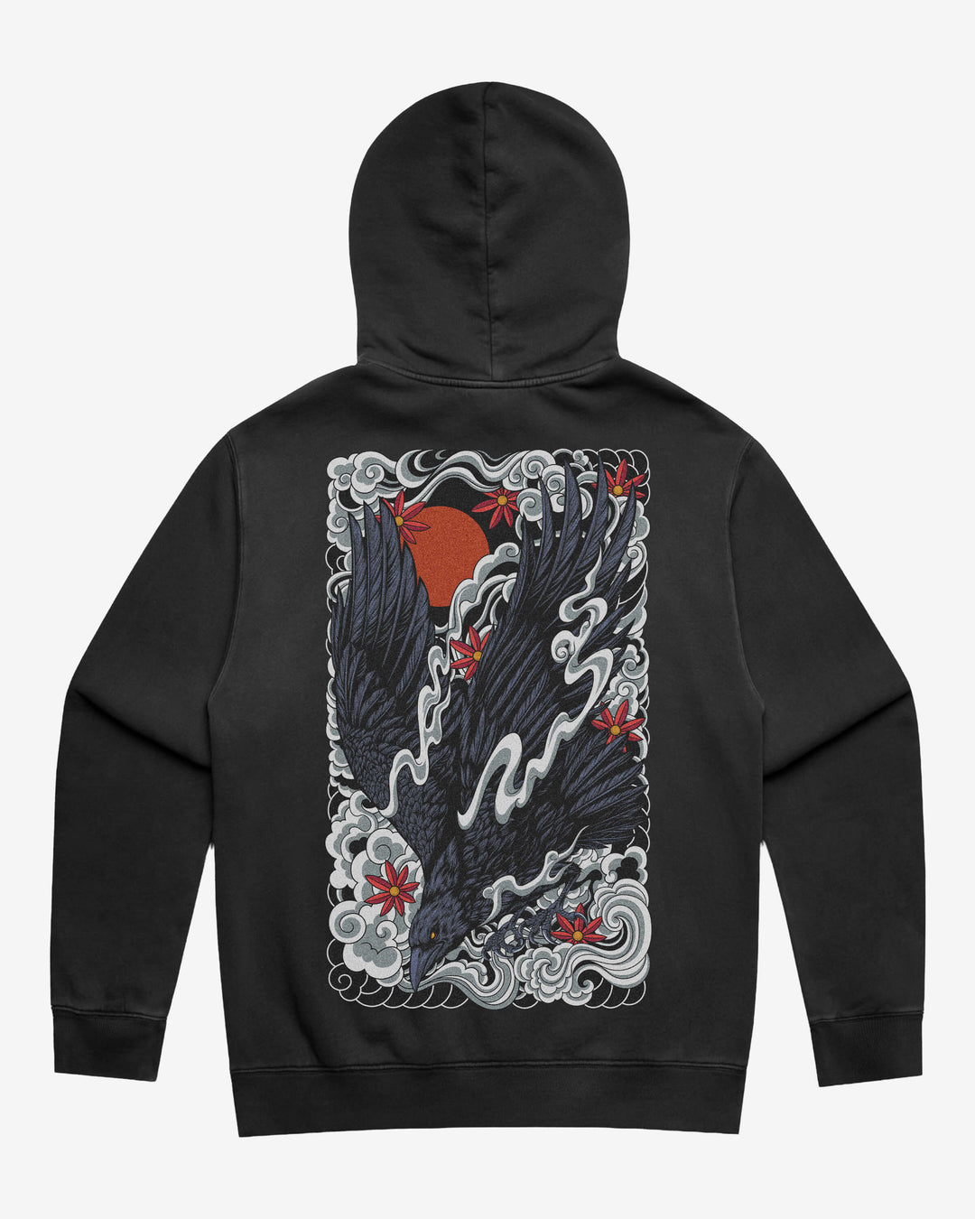 Faded tattoo hoodie with a large raven back print, 320GSM relaxed fit and washed finish.