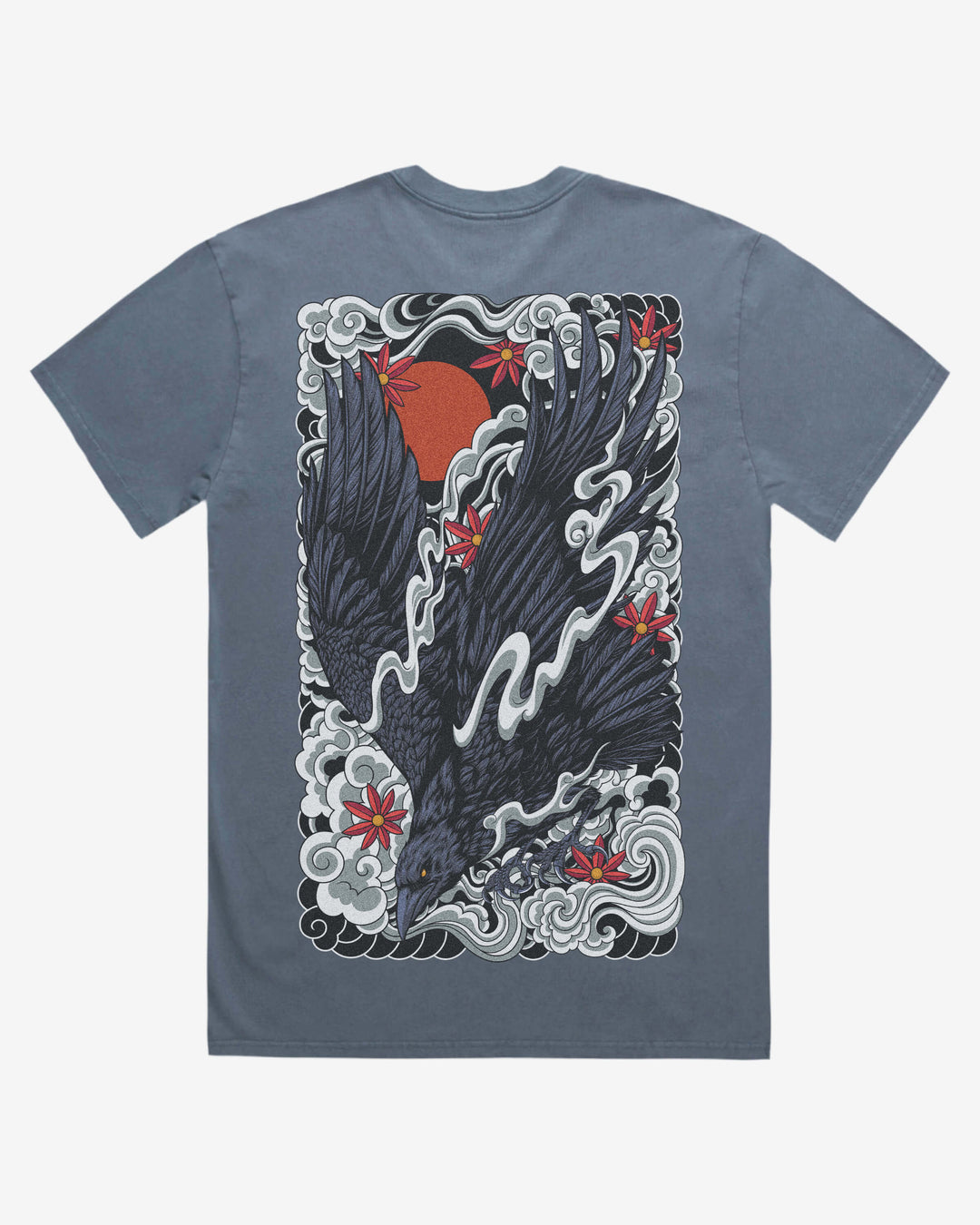 faded indigo graphic t-shirt with a raven and irezumi clouds design on the back against a white background