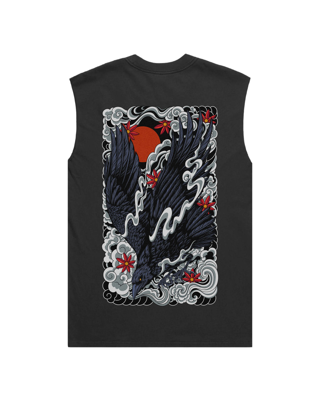 Faded black tank top with original in-house large irezumi raven print