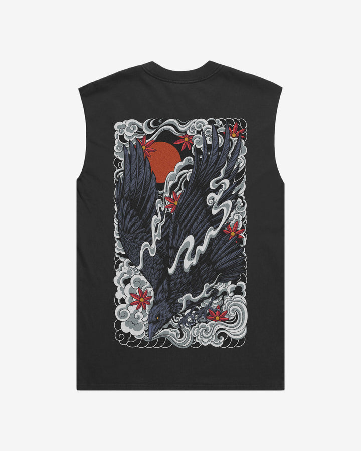 Japanese Raven Faded Oversized Graphic Tank Top With Large Tattoo Inspired Graphic Print