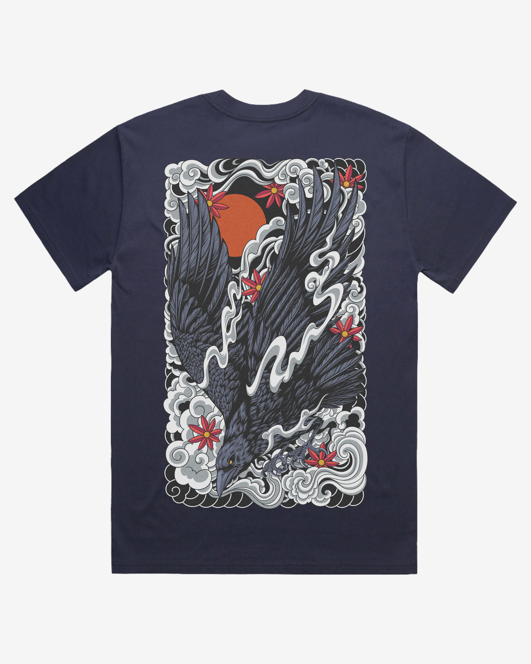 midnight blue t-shirt with a design of a raven and clouds on a white background