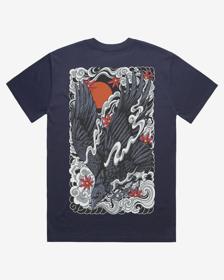 midnight blue t-shirt with a design of a raven and clouds on a white background