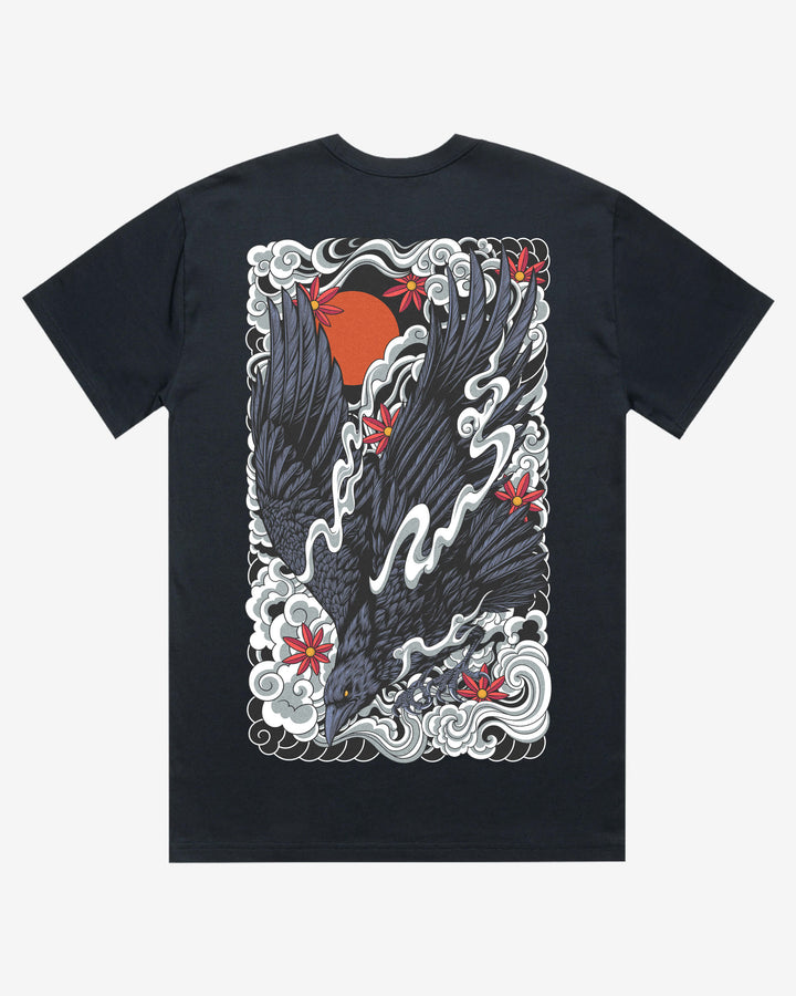 navy blue t-shirt with a design of a raven and clouds on a white background