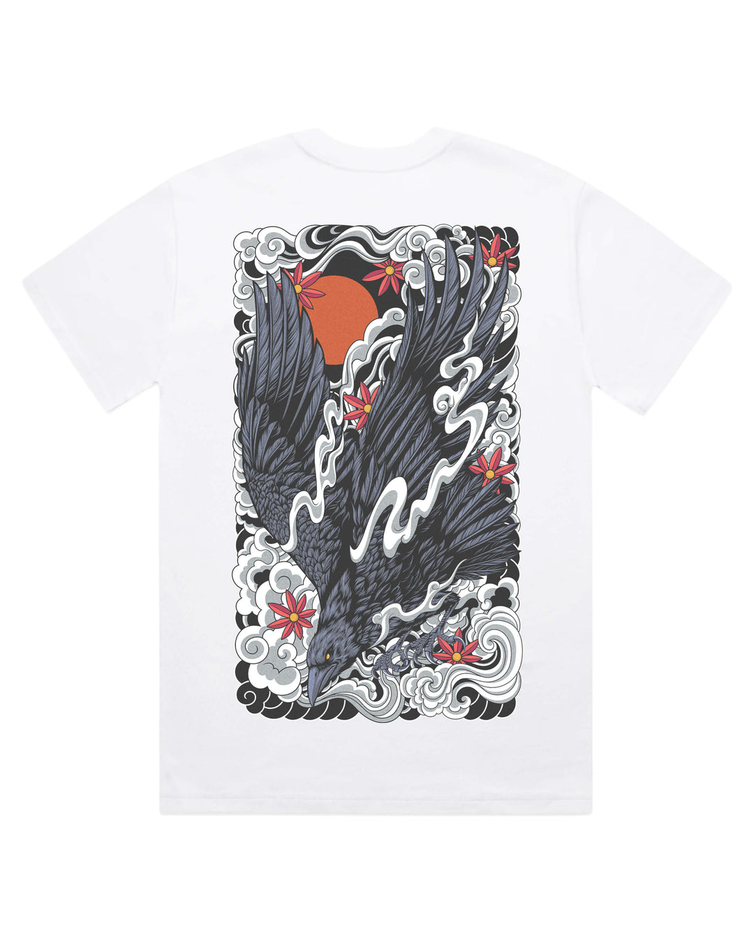 white t-shirt with a design of a raven and clouds on a white background