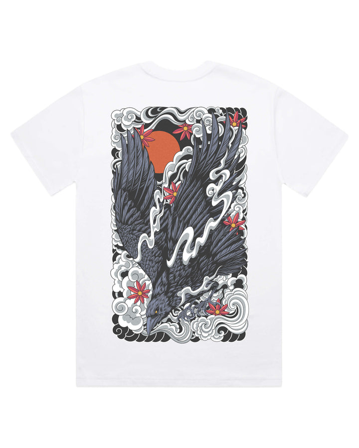 white t-shirt with a design of a raven and clouds on a white background