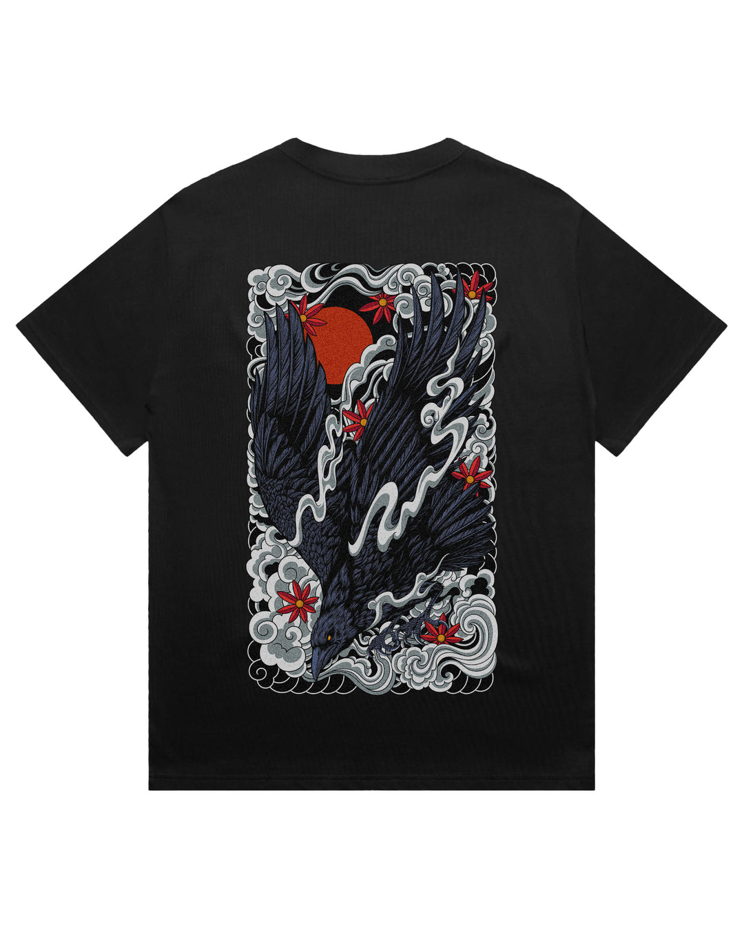 Oversized black t-shirt with diving irezumi inspired raven graphic print