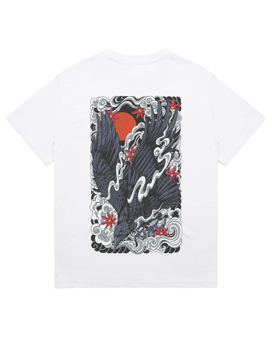 Oversized white t-shirt with diving irezumi inspired raven graphic print