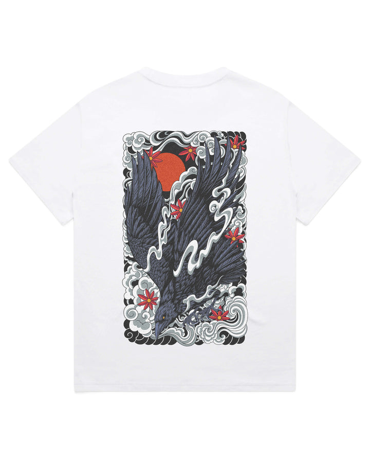 Oversized white t-shirt with diving irezumi inspired raven graphic print