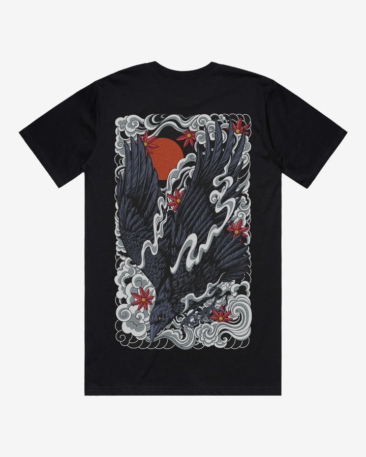 Japanese Raven Relaxed Fit Graphic Tee With Large Japanese Tattoo Inspired Back Print