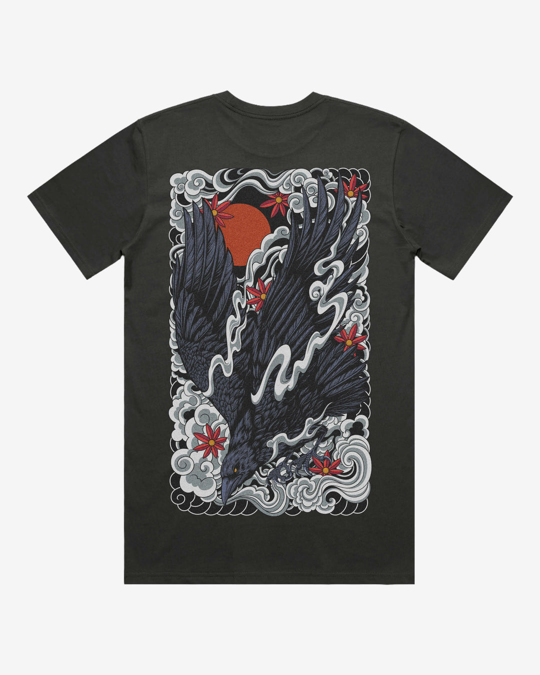 Japanese Raven Relaxed Fit Graphic Tee With Large Japanese Tattoo Inspired Back Print