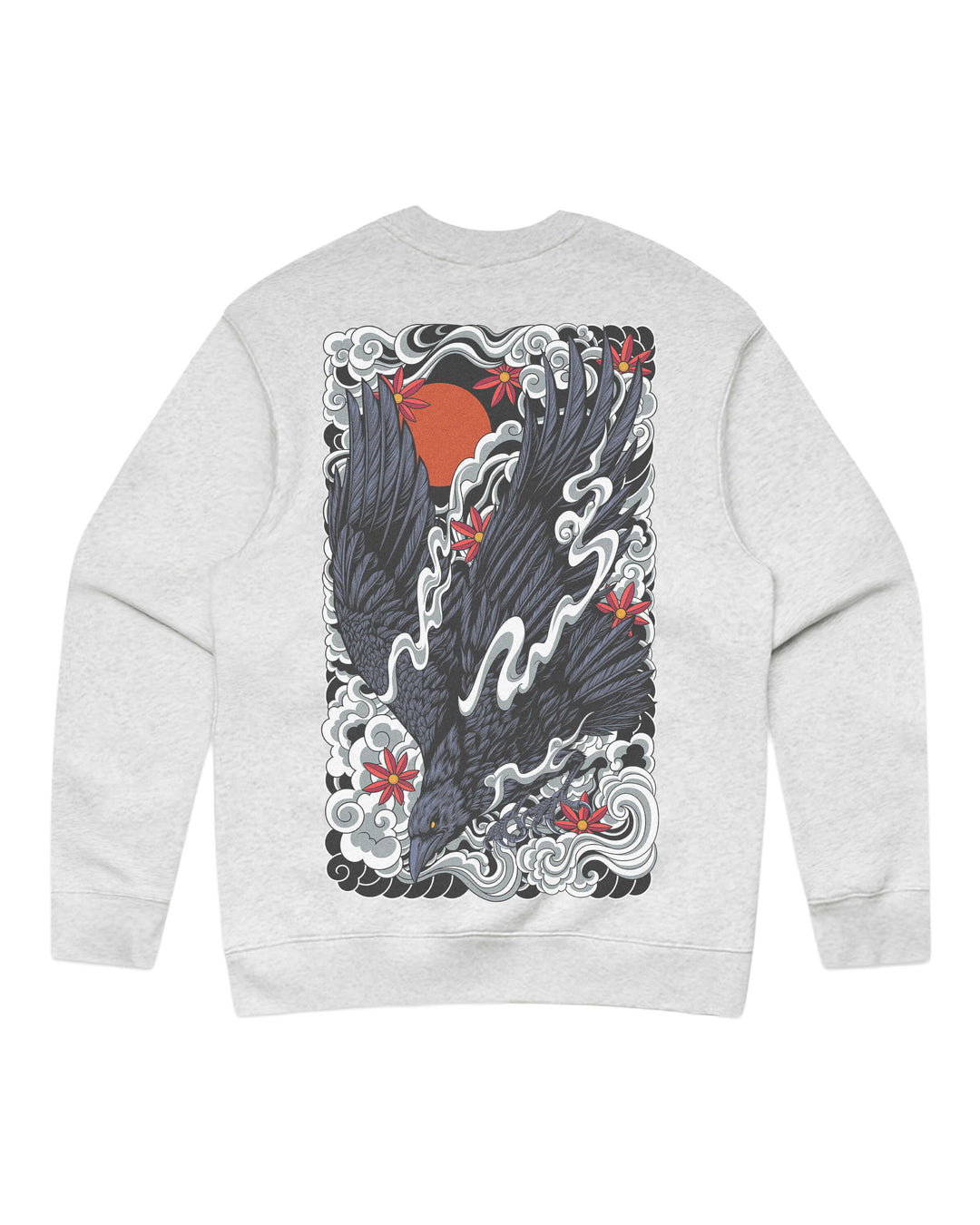 White heather graphic sweatshirt featuring original in-house raven artwork inspired by irezumi, Japanese tattoo composition and traditional illustration.