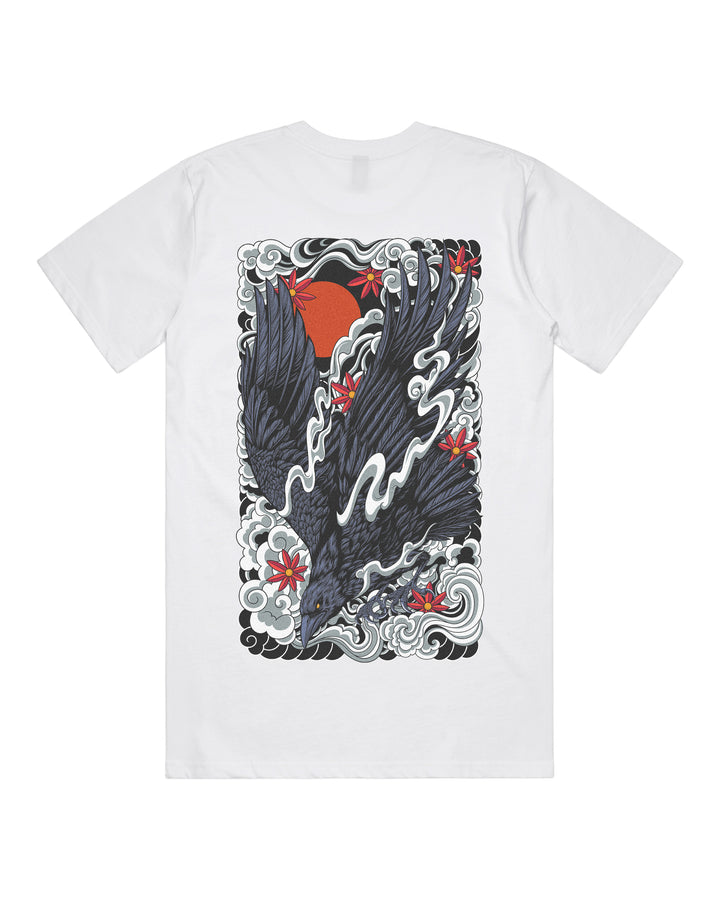 White graphic t-shirt with large irezumi inspired diving raven back print