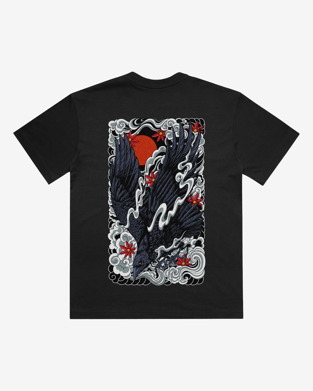 Irezumi Raven Japanese tattoo-inspired graphic back print on a black 240 GSM heavyweight boxy T-shirt