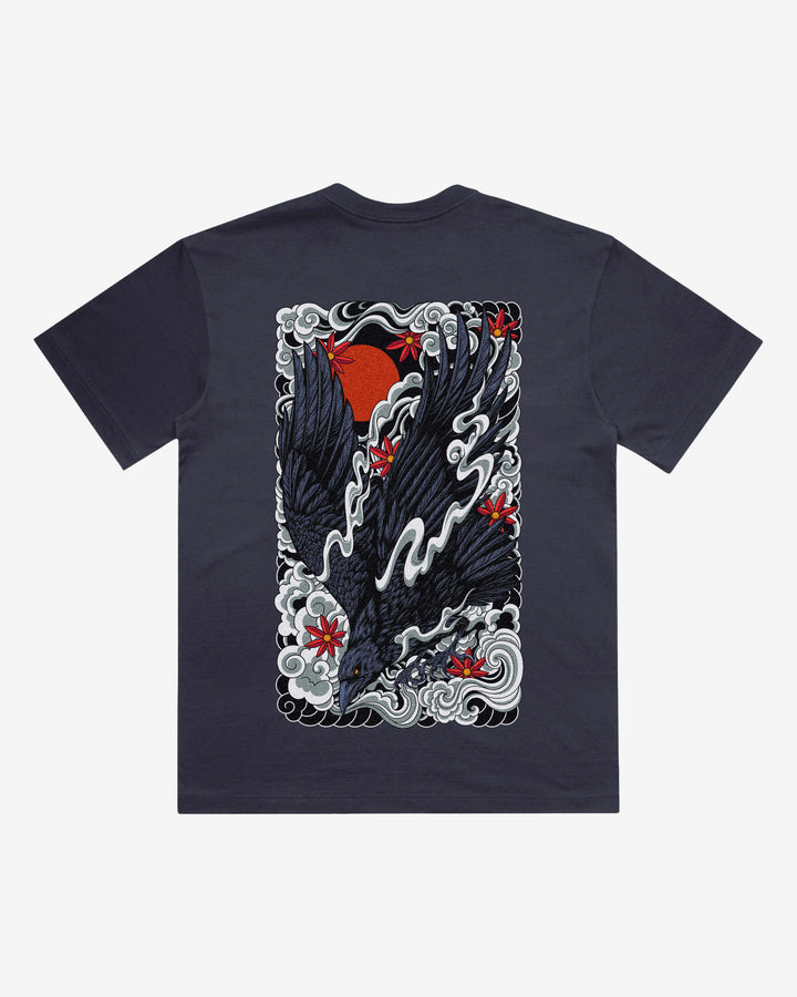 Irezumi Raven Japanese tattoo-inspired graphic back print on a ink blue 240 GSM heavyweight boxy T-shirt