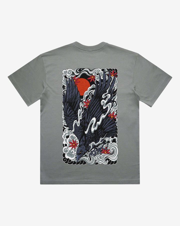 Irezumi Raven Japanese tattoo-inspired graphic back print on a shadow 240 GSM heavyweight boxy T-shirt