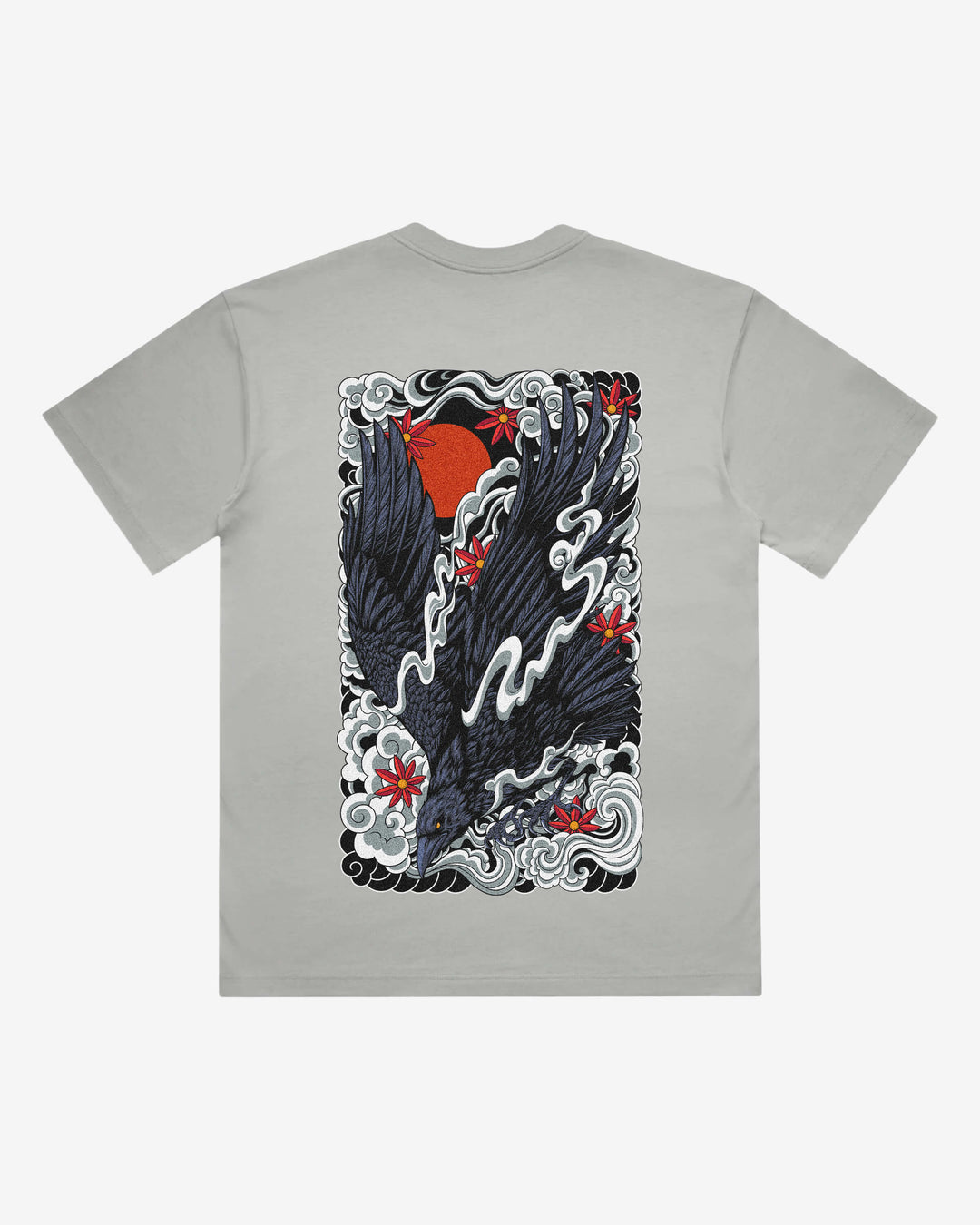 Irezumi Raven Japanese tattoo-inspired graphic back print on a storm 240 GSM heavyweight boxy T-shirt